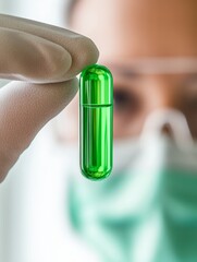 Poster - Transparent Green Capsule in Gloved Hand High-Tech Biomedical Focus with Protective Gear - Cutting-Edge Healthcare Innovation and Laboratory Research Emphasizing Advanced Medical Solutions