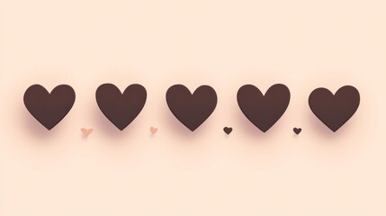 Poster - Five brown hearts are artistically placed in a gentle line, emanating warmth and affection. The pastel backdrop enhances their inviting presence, creating a cozy atmosphere