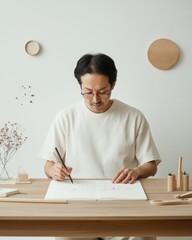 Poster - Minimalist Calligraphy Design Korean Man in 30s Crafting Journal Headers with Ink and Geometric Stamps - Creative Startup Tools for Modern Workspace and Aesthetic Branding
