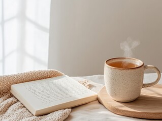 Poster - Serene Morning Ritual Minimalist Ceramic Mug with Steaming Tea on Wood Table, Enhancing Digital Content and Mindfulness Marketing with Warm Natural Light