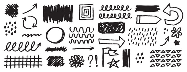 Poster - line hand drawn brush vector element doodle set. Grunge abstract chalk spiral, arrows element scribble line brush hand drawn sketch design.