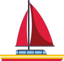 Wall Mural - Cartoon sailboat with red sails is sailing from left to right on a white background