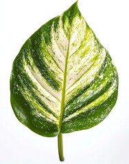 Wall Mural - Tropical leaf with unique white and green pattern isolated on a white background showcasing its vibrant colors and intricate details