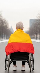 Poster - Vibrant Inclusivity in Urban Parades Middle-Eastern Woman, 55, in Wheelchair with Colorful Flag - Community Culture and Social Media Content for Modern Civic Engagement