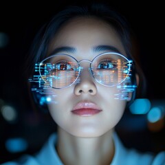 Poster - Contemporary Tech Leadership Korean IT Manager, 38, Reviews Team Progress via Digital Dashboard in High-Tech Office - Empowering Women in Business Innovation and Modern Workspaces