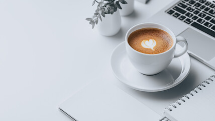 Wall Mural - Coffee Break Minimalism: A minimalist workspace bathed in soft light features a steaming cup of coffee with latte art, a notebook, a laptop, and a small potted plant.