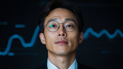 Poster - Futuristic Office Analytics Korean Businessman in Sleek Modern Workspace Engages with Digital Public Tender Tech for Government Contracts Optimization