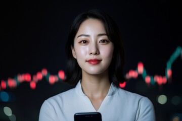 Aufkleber - Neon Cryptocurrency Portfolio Korean Woman with Smartphone Amidst Urban Cityscape and Digital Graphs - Innovations in Financial Tech and Market Monitoring