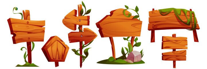 Poster - wooden signboard collection with jungle elements - directional game pointers, rustic planks covered 