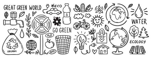 recycle eco friendly and green world concept doodle hand drawn icon set. outline drawing recycle eco