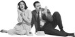 © master1305 - Monochrome image of elegant young woman and stylish man sitting on floor and expressively talking on vintage rotary phone isolated on transparent background. Retro and vintage, fashion, style concept