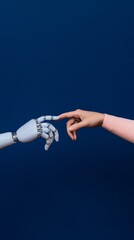 Poster - Futuristic Tech Innovation Robotic Hand Meets Human Touch Against Dark Backdrop - AI Collaboration for Modern Business Solutions and Digital Marketing