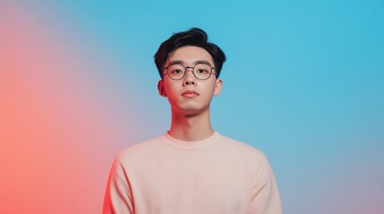 Leinwandbilder - Neon Tech Aesthetic Portrait of Asian Developer Against Vibrant Gradient - Innovative Digital Branding and Future-Ready Tech Solutions for Modern Business
