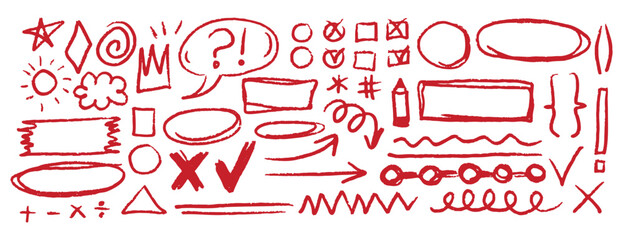Poster - Red underline doodle pencil hand drawn elements set. Grunge line ellipses, punctuation marks, direction pointers, arrows, stars, question mark. 
