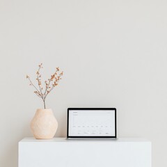 Poster - Minimalist Office Display Sleek Laptop on White Desk with E-Procurement Charts - Enhancing Digital Efficiency and Public Transparency in Government Contracts
