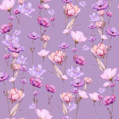  Floral Pattern Background in Watercolor Style. Flowers Seamless Pattern. Botanical Pattern Background for Fabric, Textile, Surface Design. Vector Illustration