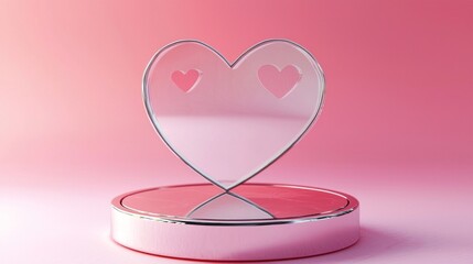 Poster - A delicate heart-shaped sculpture rests on a glossy pedestal, radiating a soft glow in shades of pink. This artistic piece symbolizes love and is perfect for romantic settings or celebrations