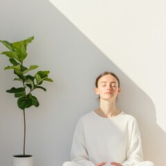 Poster - Minimalist Mindfulness Young Woman Meditating in Sunlit Office with White Decor - Enhancing Workplace Peace and Clarity for Modern Professionals