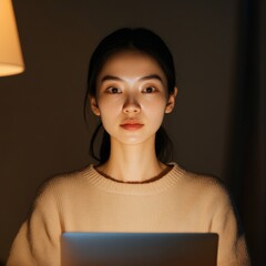 Aufkleber - Minimalist Workspace Aesthetic Millennial Asian Woman in Cozy Knit, Illuminated by Warm Light, Embracing Remote Work Flexibility - Modern Lifestyle and Digital Nomad Empowerment