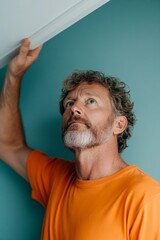 Aufkleber - Modern Home Maintenance Latino Male, 50, with Smart Ladder Featuring Integrated Safety Sensors in Tech-Driven, Athletic Repair Scene - Innovating Safe Home Improvements