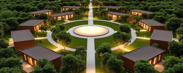Poster - Green living idea. Modern eco-friendly cottages arranged in circular layout surrounded by lush greenery.