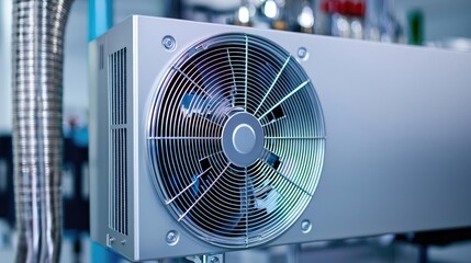 Poster - Energy efficiency idea. Industrial ventilation fan in a modern factory setting for efficient air circulation.