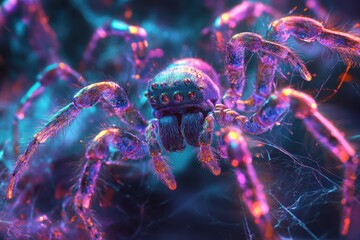 A colorful spider with a green head and red legs