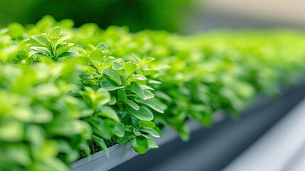 Poster - Green technology concept. Lush green plants growing vibrantly in a well-maintained garden environment.
