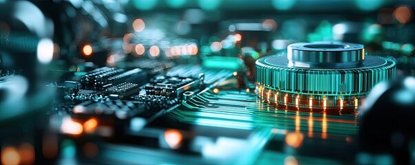 Poster - Green technology concept. Close-up of a modern circuit board showcasing intricate electronic components.