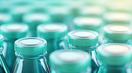 Aufkleber - Green technology concept. Close-up view of numerous green glass bottles arranged neatly in a row.