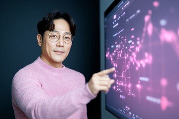 Aufkleber - Tech-Infused Volunteer Coordination Korean Man in Modern Office with Digital Task Board - Enhancing Virtual Engagement and Startup Efficiency through Interactive Design