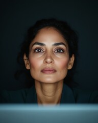 Aufkleber - Tech-Savvy Governance Digital Reporting by Middle-Aged Indian Woman in Office - Enhancing Public Sector Efficiency with Modern Cybersecurity Solutions