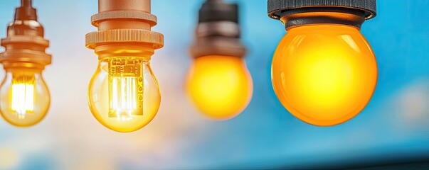 Poster - Energy efficiency idea. Colorful light bulbs hanging against a bright blue sky in a modern setting.