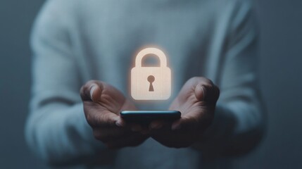 Poster - Cybersecurity Enclave Modern Smartphone with Glowing Padlock Icon in Urban Hands - Digital Privacy Art and Secure Mobile Transactions for Tech-Savvy Professionals