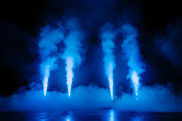 Wall Mural - illuminated stage with scenic lights and smoke. blue spotlight with smoke volume light effect on bla