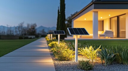 Poster - Green living idea. A serene evening scene featuring solar panels lighting a modern pathway.