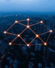 Poster - Futuristic Smart City Network Neon Connectivity Overlay on Urban Skyline - Enhancing IoT Security Solutions for Next-Gen Infrastructure in Modern Metropolises