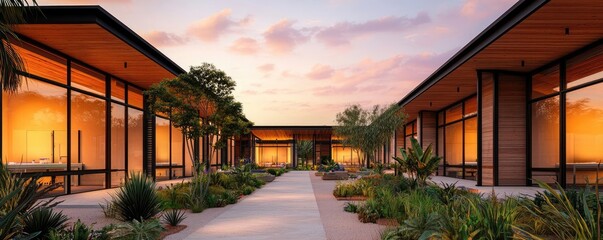 Poster - Green living idea. Modern architectural design featuring serene courtyards and sunset ambiance.