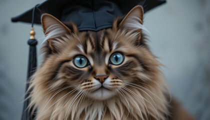 closeup of an intelligent cat wearing a black graduation cap, a beautiful and well-educated feline