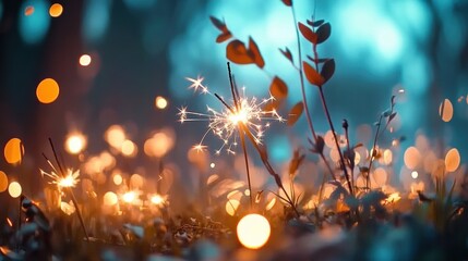 Poster - Enchanting sparkler celebration in a tranquil forest magical nighttime ambiance captivating visuals