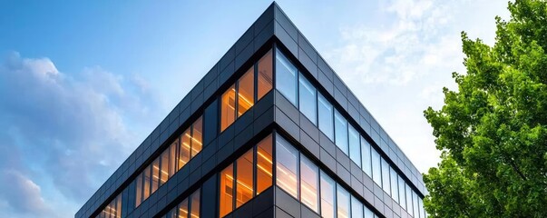 Aufkleber - Energy efficiency idea. Modern building design showcasing glass and greenery under a blue sky.