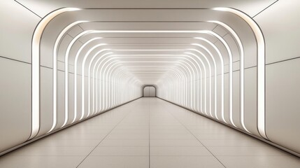 Poster - Energy efficiency idea. Futuristic white corridor with glowing arches and sleek lines, creating a modern space.