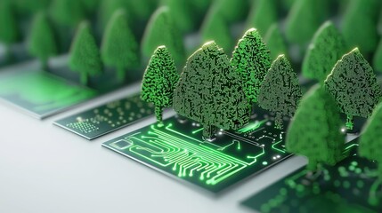 Poster - Green technology concept. A blend of nature and technology with trees on a circuit board.