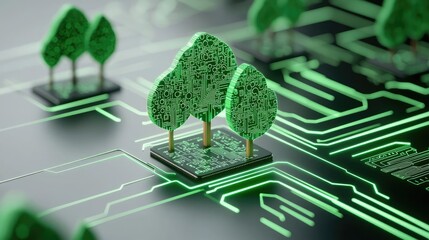 Aufkleber - Green technology concept. Trees growing on a circuit board, symbolizing the fusion of nature and technology.