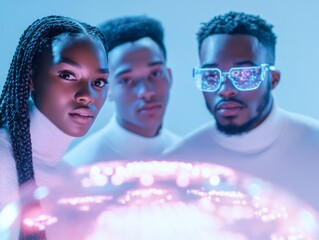Poster - Futuristic XR Collaboration Holographic Product Design with Modern Young Professionals - Extended Reality in Innovative Tech and Digital Workspaces