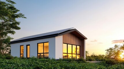 Poster - Green technology concept. A modern house blending with nature at sunset, showcasing contemporary design.