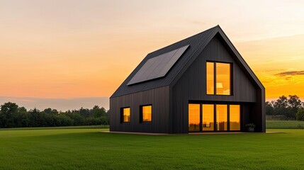 Poster - Green technology concept. Modern black house with large windows under a beautiful sunset sky.