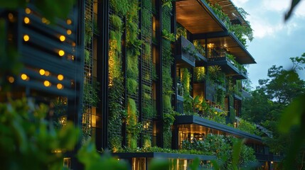 Poster - Energy efficiency idea. A modern, green building with lush vegetation and contemporary design elements.
