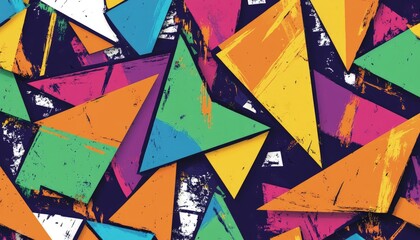 Poster - Vibrant Abstract Geometric Pattern with Colorful Triangles and Grunge Texture