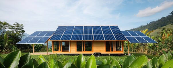 Poster - Green living idea. A modern house with solar panels surrounded by lush greenery and blue skies.